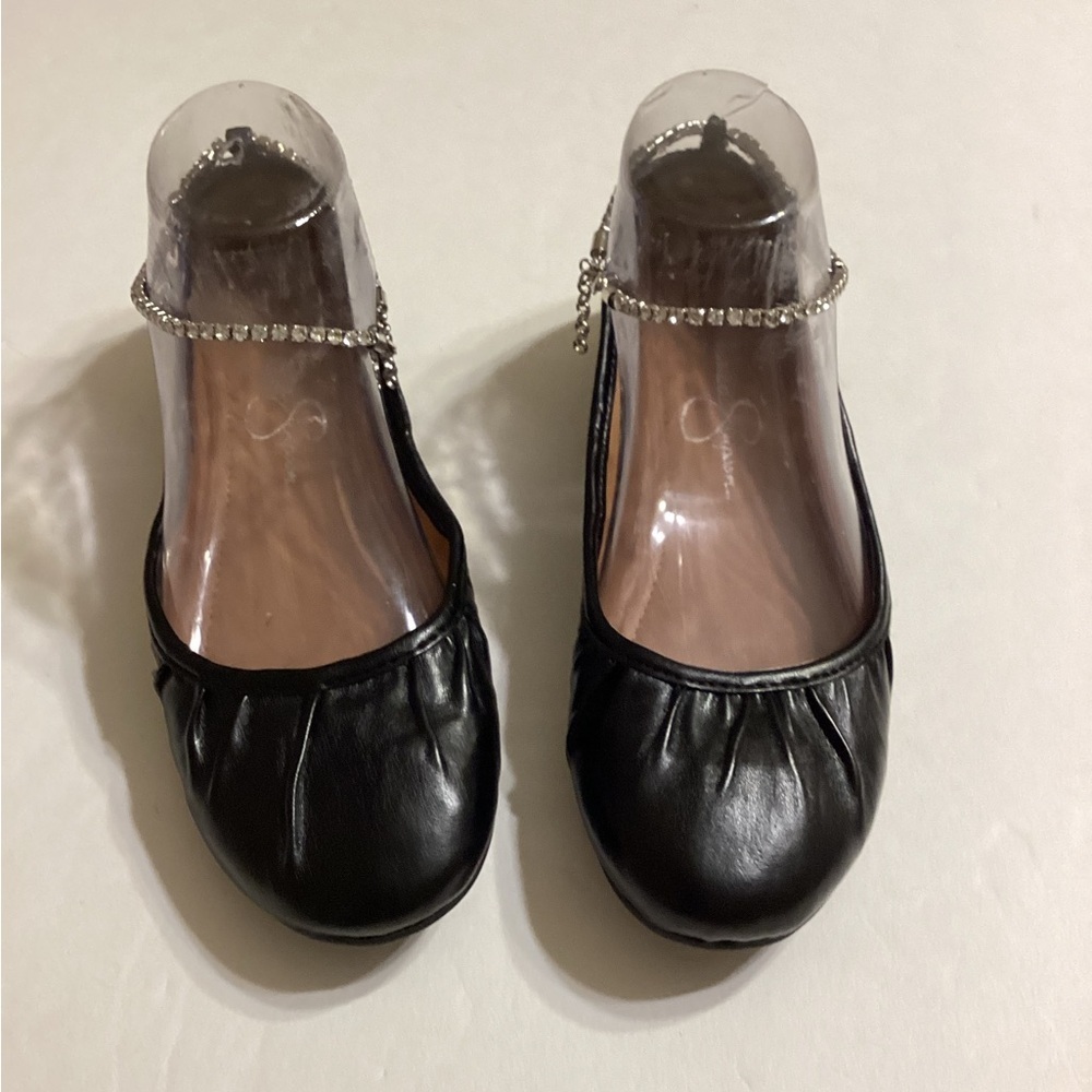 Jessica Simpson Trusa  Ballet Flats Black With Rhinestones Ankle Strap Size 6.5